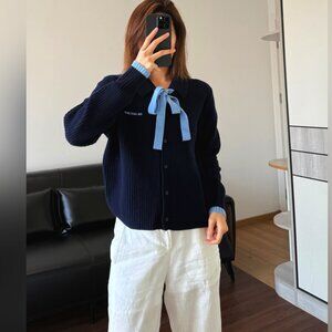 Ann Andelman Navy Blue Collared Tie-front Knit Cardigan